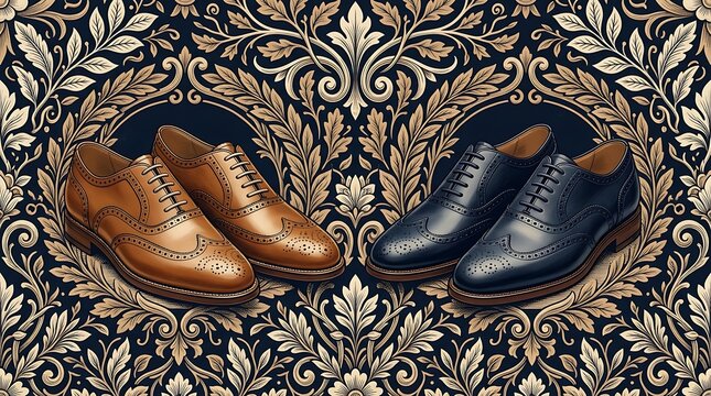 Classic leather brogue shoes on ornate damask pattern background