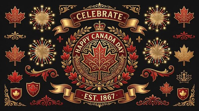 Vintage Happy Canada Day golden emblem with animated maple leaves and fireworks on black.
