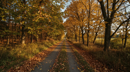 Fototapeta premium Autumn country road lined with golden trees and fallen leaves creating warm peaceful mood