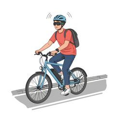 Fototapeta premium Vector illustration of a young man riding a blue electric bicycle wearing smart AR glasses, a helmet, and a backpack. Depicts urban commuting, e-mobility, and smart technology.