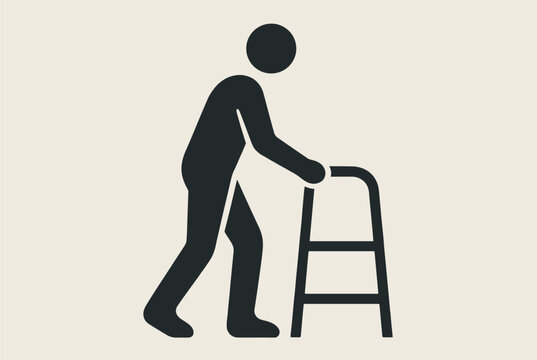 Black silhouette icon of an elderly or injured person using a walking frame for mobility and support against a neutral background.