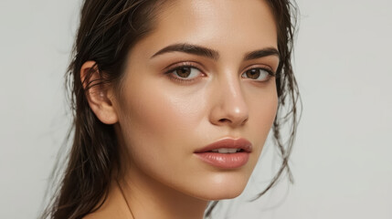 Fototapeta premium Wet hair portrait of young woman with glowing skin and neutral makeup
