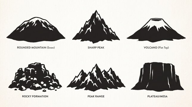 Silhouette illustrations of diverse mountain landforms