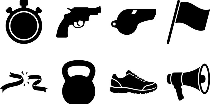 Sports competition and athletic training solid black vector icon collection for fitness concepts