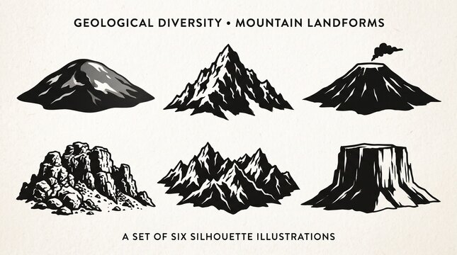 Silhouette illustrations of diverse mountain landforms