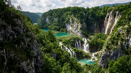 Obraz premium Panoramic view of waterfalls and turquoise lakes in a green canyon