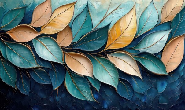 flowing layered leaves in teal, turquoise, blue and gold on a textured painterly background, serene and elegant botanical composition