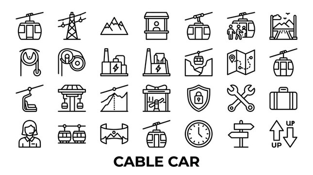 Cable car and mountain transportation line icon set.