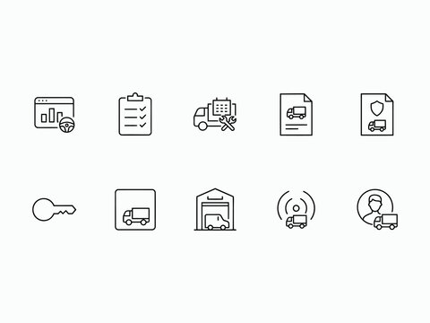 Logistics and transportation icons set  delivery truck calendar clipboard shield key warehouse