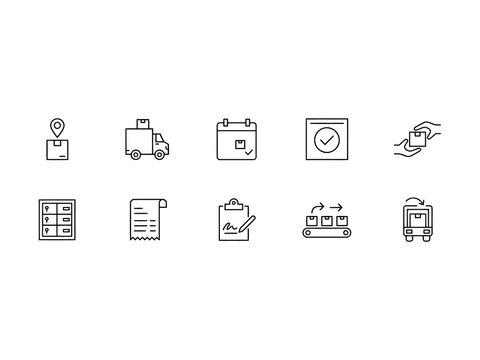 Line icons of delivery and logistics concepts  package delivery truck calendar clipboard conveyor belt train and more