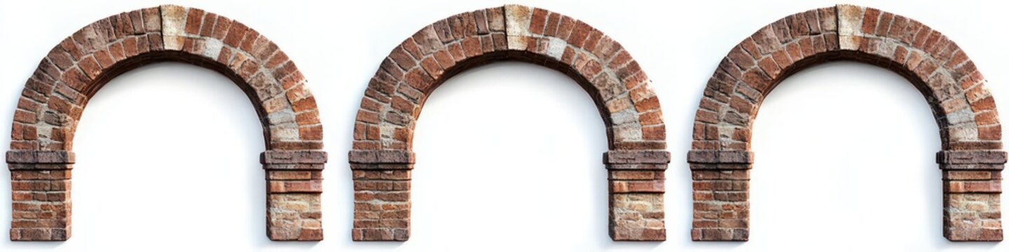 three weathered red brick archways on a white background with soft shadows, evoking a nostalgic historic mood