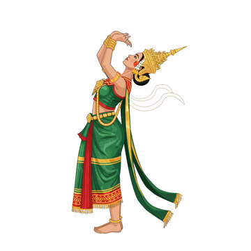 Female Thai Khon Dancer in Gold Headdress and Silk Costume
