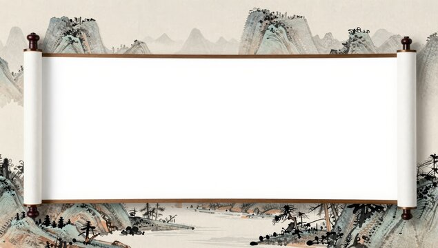 Traditional Chinese landscape painting with scroll frame featuring mountains water trees and a blank central panel for text or artwork