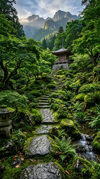 Traditional wooden temple pagoda in lush green mountain garden