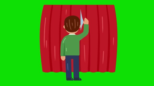 A man is opening the window curtains in the morning against a green background.
