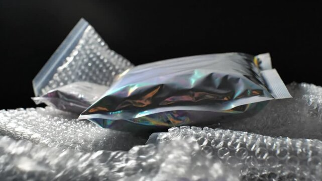 Close up view of the slow and satisfying cracking and popping of bubble wrap packaging with colorful reflective packets