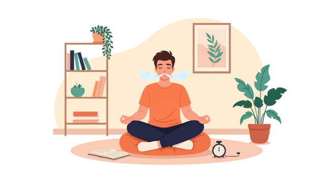 Flat vector illustration of a young man practicing mindful deep breathing and meditation while sitting cross-legged on a cushion in a cozy room with houseplants and bookshelf.