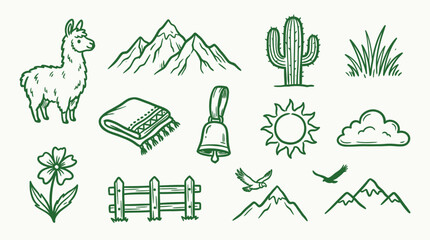 A collection of hand-drawn icons representing elements of nature, animals, and rural life, including a llama, mountains, cactus, and sun. © logan