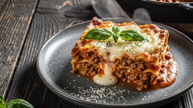 Delicious steaming lasagna dish with melted mozzarella cheese, herbs, and basil on a dark plate, rustic wooden table