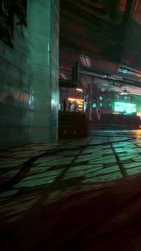 A black cat walks across a wooden floor in a brightly lit area filled with neon colors. Light reflects off surfaces and creates an interesting atmosphere during nighttime.