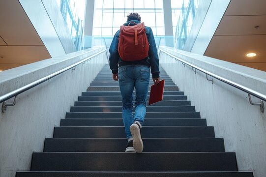 young person with red backpack and red folder climbing indoor staircase toward bright window, determined and purposeful ascent in a modern campus interior