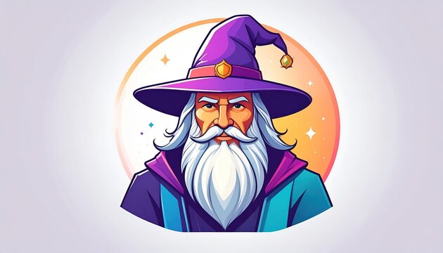 Mystical Wizard Portrait - A Colorful Illustration of a Wise Old Man with a Long White Beard and Purple Hat.