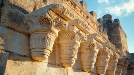 Fototapeta premium sunlit ornate stone column capitals on an ancient ruin wall under a clear blue sky evoking a serene warm atmosphere