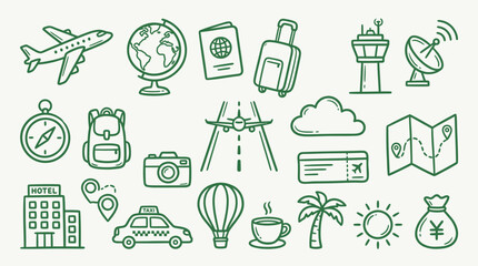 Obraz premium Collection of travel and vacation icons, including airplane, globe, passport, suitcase, and map.