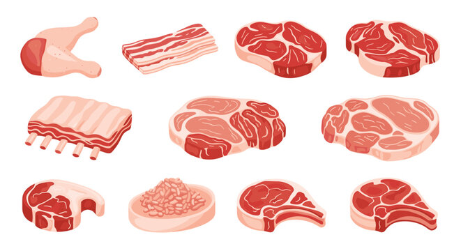 Large set of various fresh raw meats including steaks, ribs, bacon, chicken, and minced meat on white background.