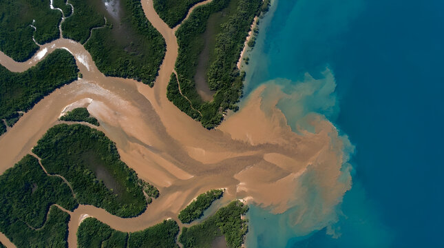 Remote Sensing imagery showing sediment plume from river estuary flowing into blue ocean