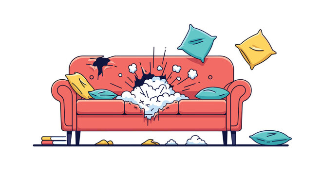 Cartoon style explosion on a red living room sofa with fluffy white stuffing and colorful pillows flying around.