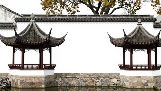 Traditional Chinese pavilions with curved tiled roofs flanking a white wall beside water autumn tree above