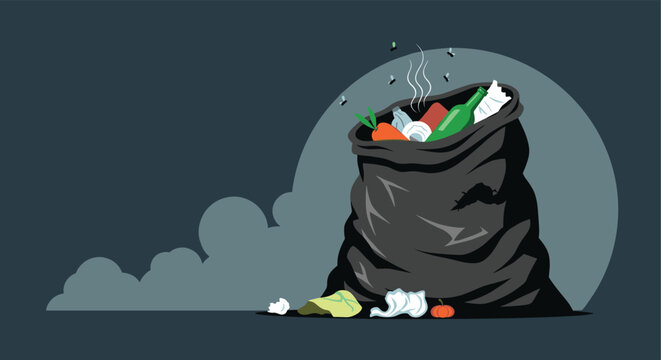 Overfilled stinky black trash bag with organic food waste plastic bottles and green glass bottle on dark background.