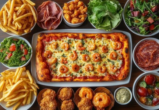 rectangular shrimp and cheese pizza with golden crust surrounded by fries, fried shrimp, cured meats, leafy salads and dipping sauce in a vibrant abundant party-style spread