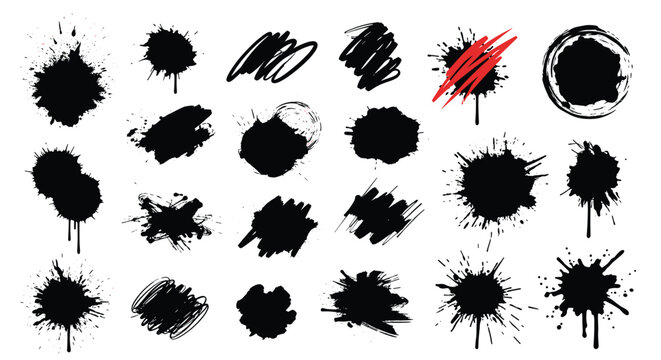 Diverse collection of black ink splats, paint brush strokes, and grunge texture elements with one striking red mark.