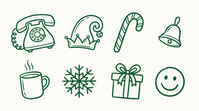 Collection of hand-drawn Christmas and holiday icons including a rotary phone, elf hat, candy cane, bell, hot drink, snowflake, gift, and smiley face.