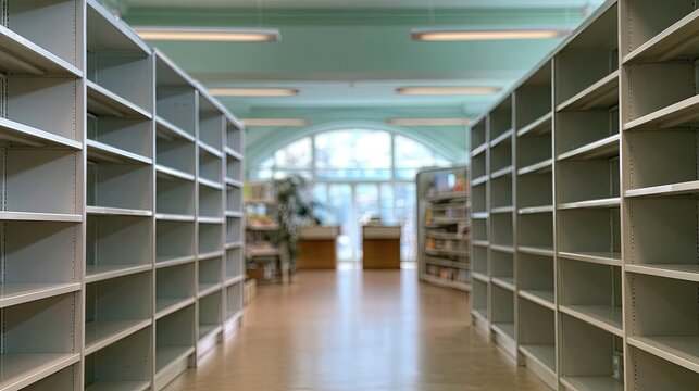 Empty library shelves create a symmetrical aisle leading to a bright, arched window