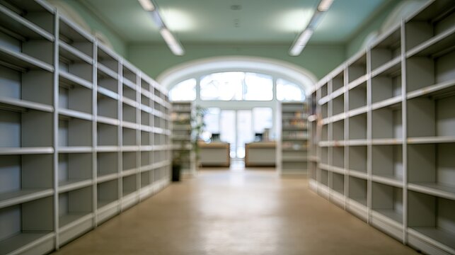 Empty library shelves stretch down a hall towards a bright, arched window