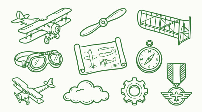 Collection of vintage aviation icons including biplanes, goggles, propeller, compass, and blueprint.