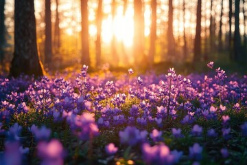 Naklejka premium sunlit carpet of purple wildflowers on a forest floor among tall tree trunks, warm golden light creating a peaceful, magical morning atmosphere