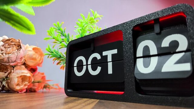 Retro flip calendar changing date from october 01 to october 02. Gandhi Jayanti