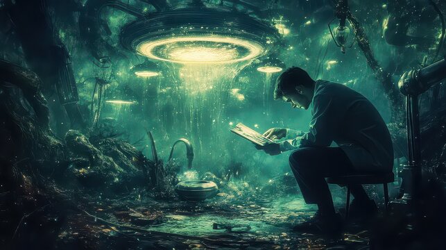 Researcher examines an ancient relic within a bioluminescent subterranean cavern featuring glowing spores and a floating metallic structure that radiates an ethereal green light throughout the space.