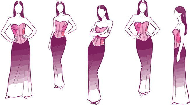Confident Curvy Young Woman in Pink Corset: Two-Tone Purple and White Vector Illustration Poses