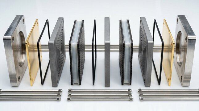PEM fuel cell stack disassembled showing individual cells bipolar plates MEAs gaskets laid in sequence on clean white bench