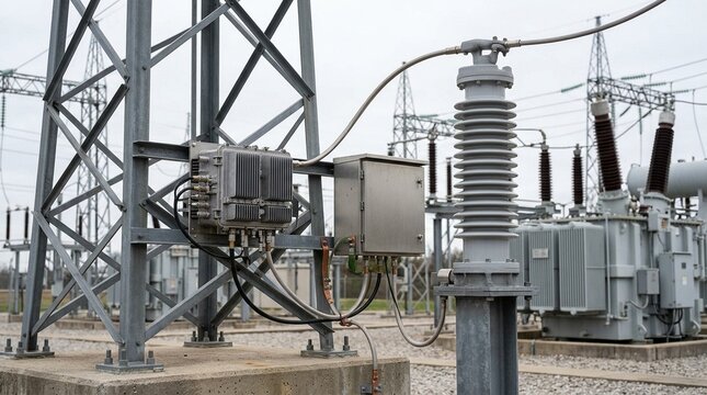 Power line communication PLC coupler injection unit connected to HV cable capacitive coupler with tuning inductor box in substation