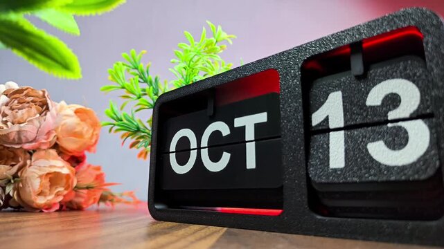 Retro flip calendar changing date from october 12 to october 13. International Day for Disaster Risk Reduction