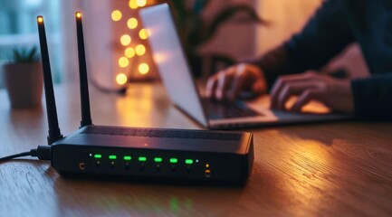 Obraz premium wifi router with dual antennas and glowing green lights on a wooden desk, blurred hands typing on a laptop in warm bokeh evening light conveying cozy focused work