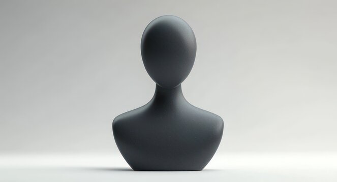featureless matte gray mannequin bust on neutral gradient background, smooth abstract head and shoulders evoking calm, mystery and contemplative minimalism