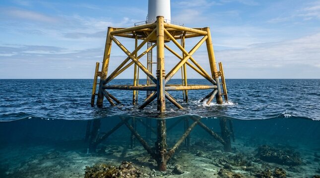 Offshore wind turbine jacket foundation substructure showing four-legged steel jacket bracing above waterline installed on seabed visible diagonal brace tubes