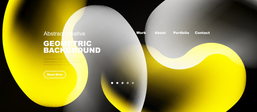 Modern website header design. Abstract shapes, yellow accents, dark background. Navigation menu present, simple layout.